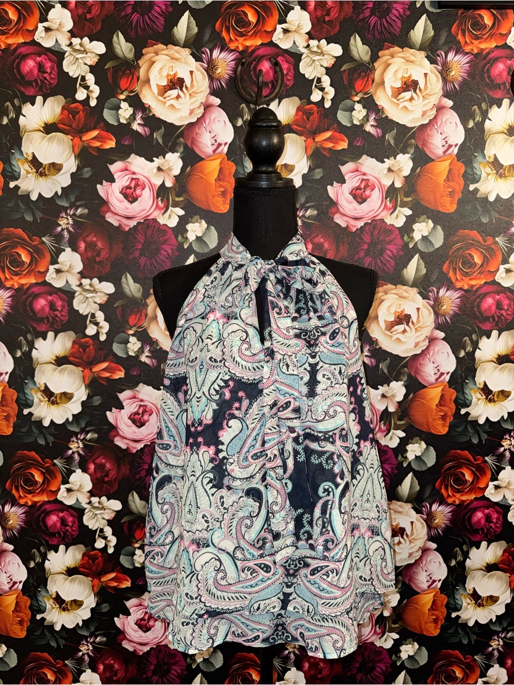 Banana Republic Navy Paisley Halter Top with Pink and Mint Accents